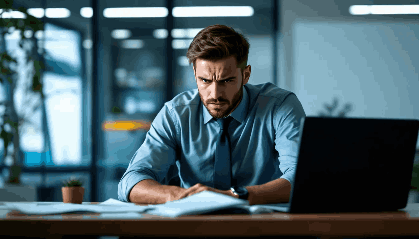 (The image depicts a frustrated person sitting at a desk in an office, staring at a laptop that displays complex data, illustrating the challenges they face in their work. Their expression conveys a struggle with customer data and the pressures of delivering personalized experiences effectively.) personalisation at scale