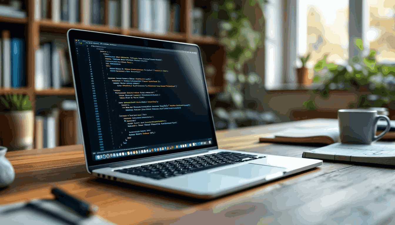 (The image depicts a laptop on a modern office desk, showcasing a vibrant screen filled with code related to frontend development. The workspace reflects a focus on building user interfaces using popular frontend frameworks, emphasizing the dynamic nature of web applications.)
