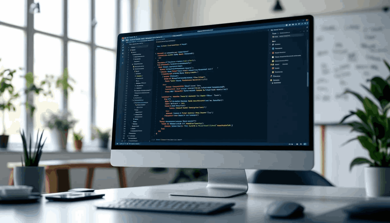 (The image shows a computer screen displaying a popular frontend framework in an office setting, highlighting the development process for creating dynamic web applications. The workspace is designed for frontend developers, featuring elements that support building user interfaces and enhancing productivity.)front end development frameworks