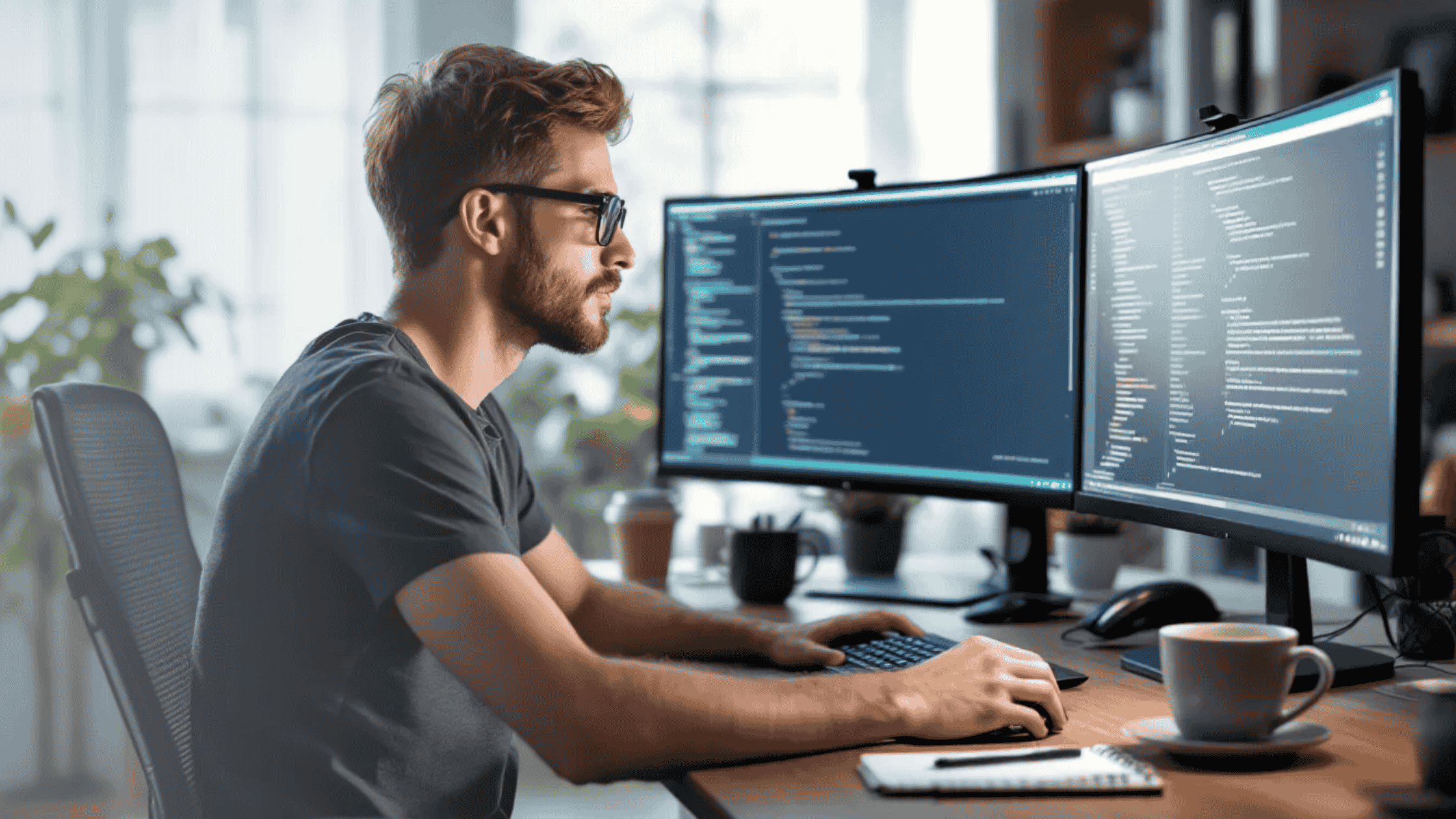 (A man focused at his desk, working on a computer with two monitors displaying various applications)