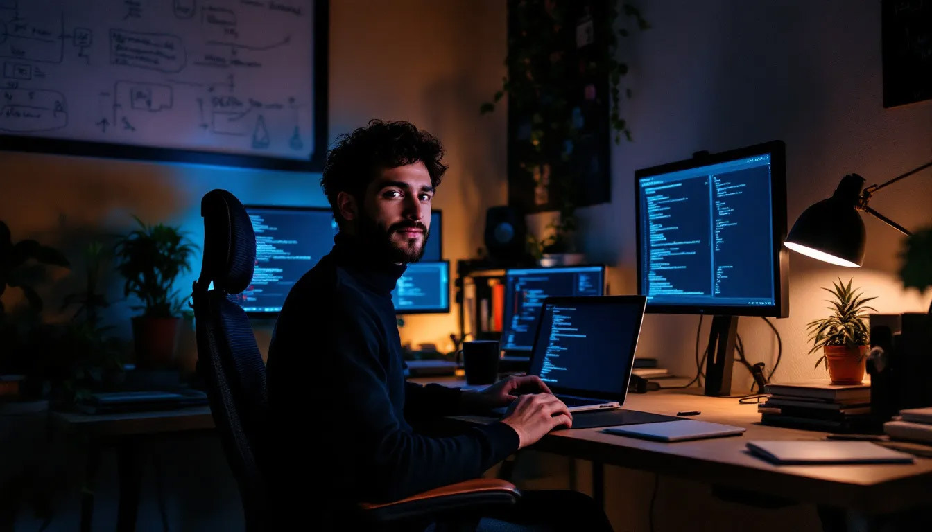 (A website developer is focused on his desktop, working on a website development project in his room. The scene captures the essence of content management, as he navigates through a headless content management system to manage and deliver digital content efficiently across multiple platforms.)