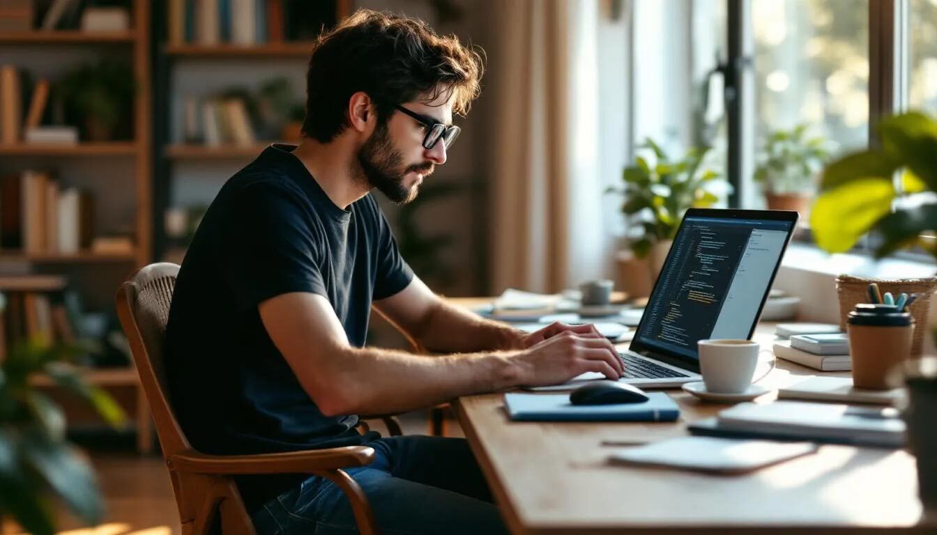 (The image depicts a person focused on their laptop, engaged in the process of training an AI model using various training data. The scene highlights the individual's dedication to the model training process, surrounded by notes and resources related to machine learning and AI tools.) ai model training