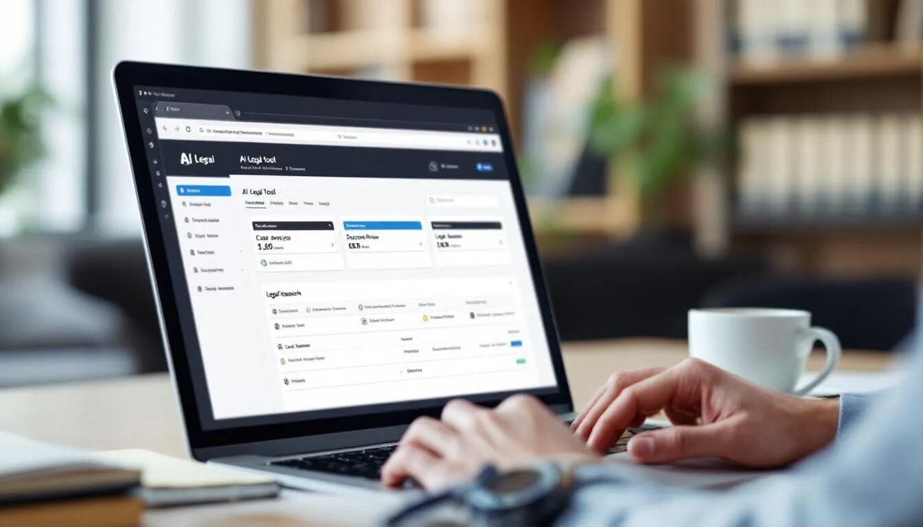 The image depicts a laptop screen displaying an AI legal tool interface, showcasing features for legal research and document management.