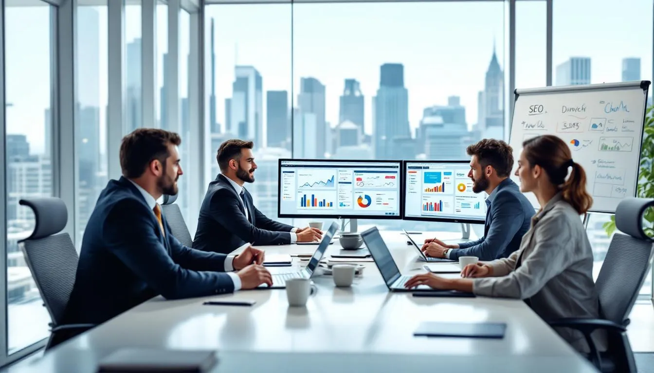 (The image depicts a diverse SEO team collaborating in a modern office space, analyzing data and strategies to enhance local search rankings for businesses. They are focused on improving local visibility, optimizing Google Business profiles, and driving local traffic to attract nearby customers.) hyperlocal SEO