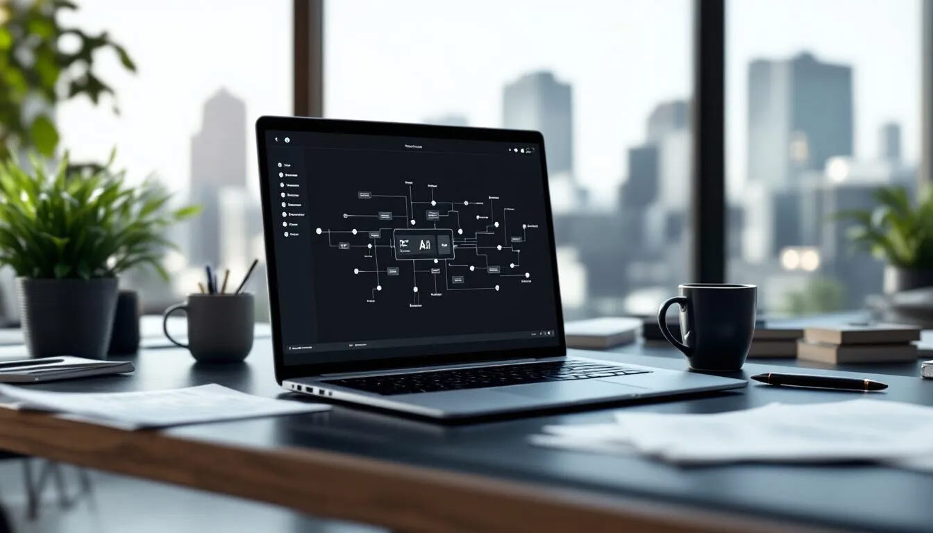 (A realistic image of a laptop sits on a desk in an office space, displaying a content workflow powered by AI. The screen showcases various elements of content creation, including social media posts and blog content, illustrating how AI tools can enhance marketing strategies and automate repetitive tasks for marketing teams.) AI content strategy