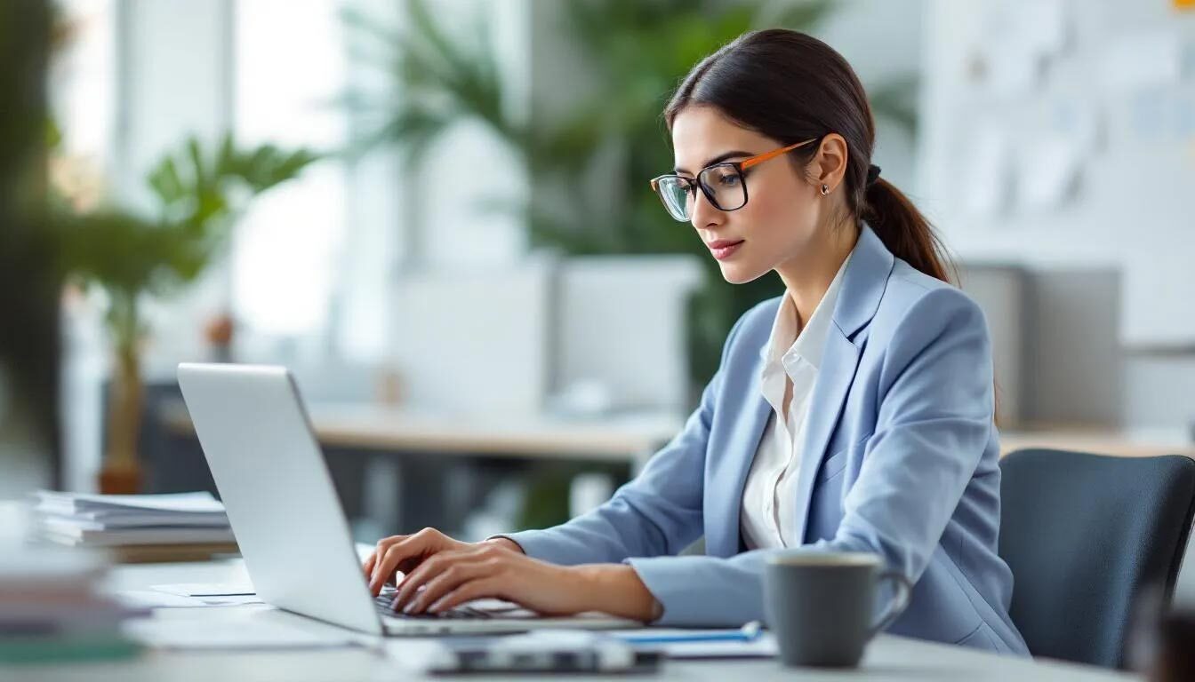 A person with short hair is sitting at a modern office desk, focused on using a laptop to create digital content. The scene emphasizes cognitive accessibility, highlighting the importance of web content accessibility guidelines for users with cognitive disabilities, such as attention deficit hyperactivity disorder and learning disabilities.