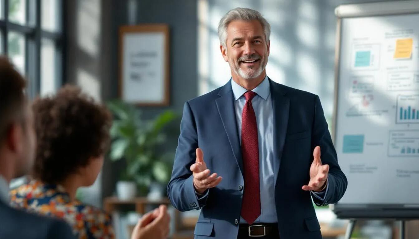 (A marketing team leader stands at the front of a conference room, passionately guiding his team through an analysis of consumer behavior and advertising psychology, using charts and visuals to illustrate effective advertising strategies. The atmosphere is collaborative, as team members engage in discussions about how to resonate deeply with their target audience and influence consumer attitudes for successful campaigns.)