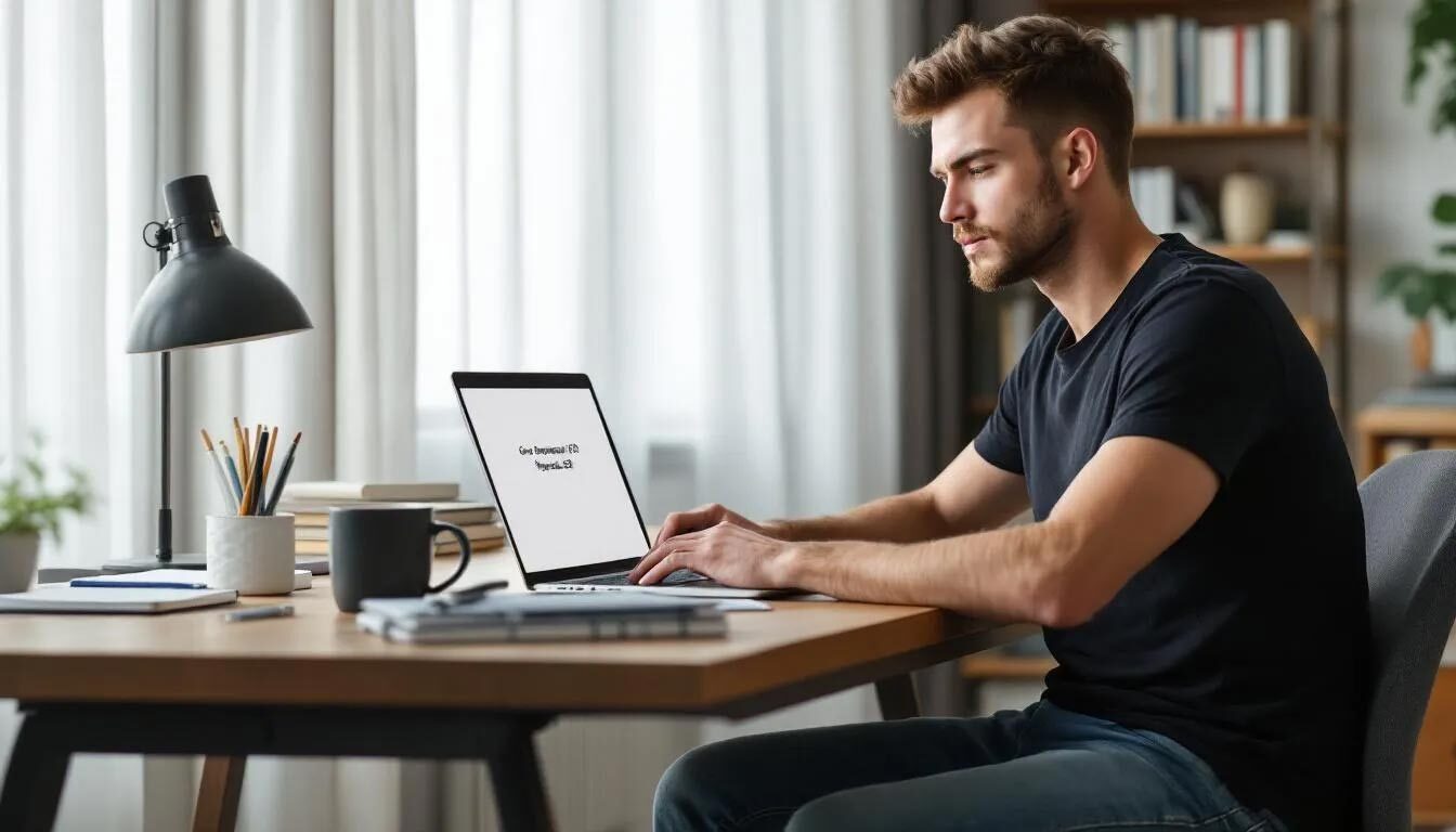 (A person is seated at a desk, intently focused on their laptop, researching the core components of hyperlocal SEO. The setting suggests a home office environment, with a coffee cup nearby, highlighting the connection to local businesses and the importance of attracting nearby customers through effective local search strategies.)hyperlocal SEO