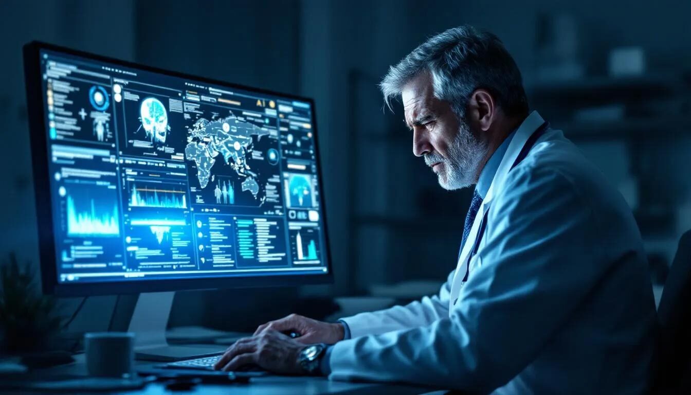 The image depicts a doctor in a clinical setting, visibly concerned as he navigates ethical challenges related to the use of AI agents in healthcare.