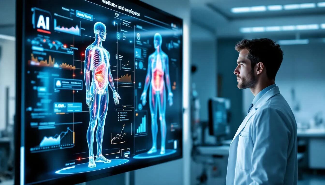 Future of AI Agents in Healthcare The image depicts an AI agent-powered tool assisting healthcare professionals in diagnosing diseases by analyzing patient data and electronic health records.
