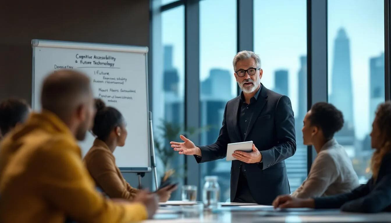 A leader stands in front of a diverse team, discussing the importance of web content accessibility guidelines to improve cognitive accessibility for users with cognitive disabilities. The team listens attentively as the leader emphasizes the need for clear headings and predictable interactive components to help everyone navigate digital content effectively.