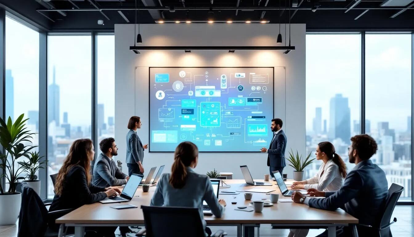 The image depicts the Smart Digitants Professional team collaborating to develop AI agents for healthcare, focusing on enhancing patient care and improving patient outcomes through the analysis of patient data and electronic health records.