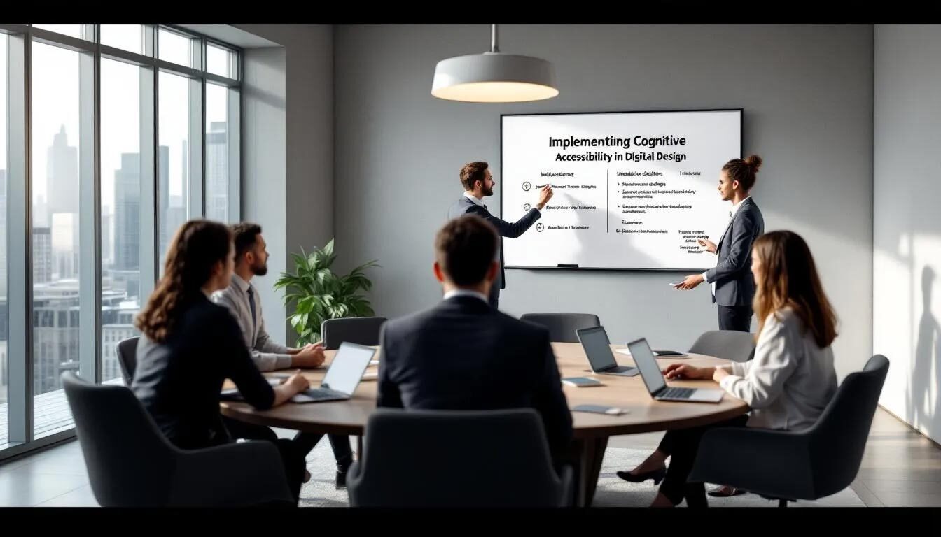 The image depicts a modern office meeting room where a diverse team is engaged in a discussion about "Implementing Cognitive Accessibility in Digital Design." They are surrounded by digital devices and notes, emphasizing the importance of web content accessibility guidelines to improve cognitive accessibility for users with cognitive disabilities.