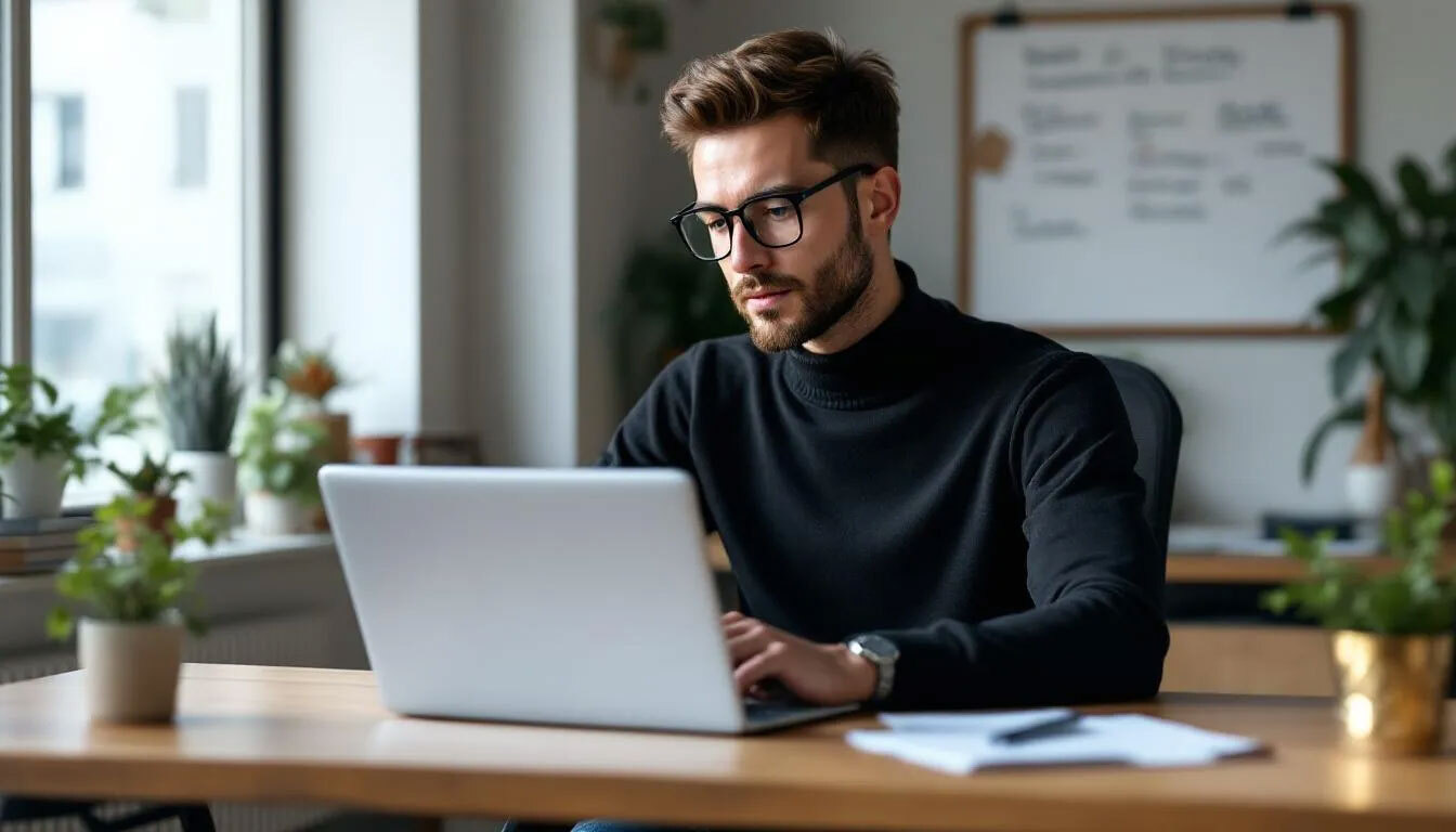 (The image depicts an SEO specialist focused on optimizing a website's speed and responsiveness, seated at a modern office desk with a laptop. Surrounding him are notes and digital marketing materials, emphasizing his work on enhancing search engine rankings and improving voice search optimization for local businesses.)voice search SEO