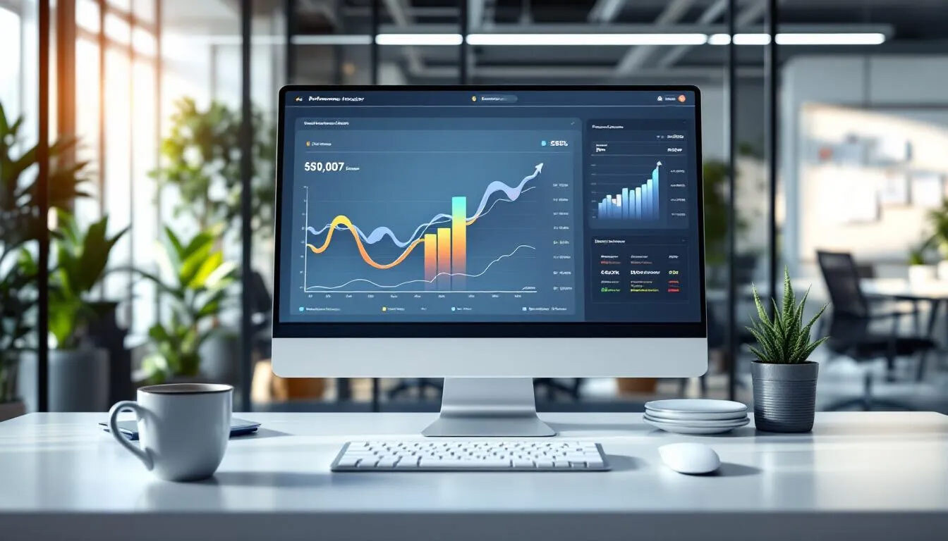 (The image depicts a modern office environment featuring a sleek computer system with a screen displaying performance indicator graphs showing upward trends. These metrics provide actionable insights relevant to marketing strategies, highlighting the effectiveness of ai tools in content creation and social media campaigns.)