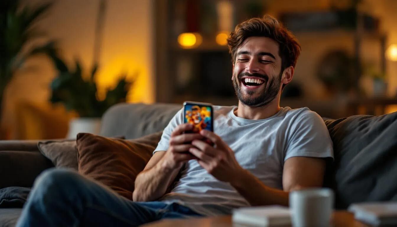 (The image depicts a person joyfully reacting to an advertisement on their phone, illustrating the emotional response that effective advertising can evoke. This moment highlights the power of advertising psychology in influencing consumer behavior and creating positive feelings towards brand messaging.)psychology in advertising