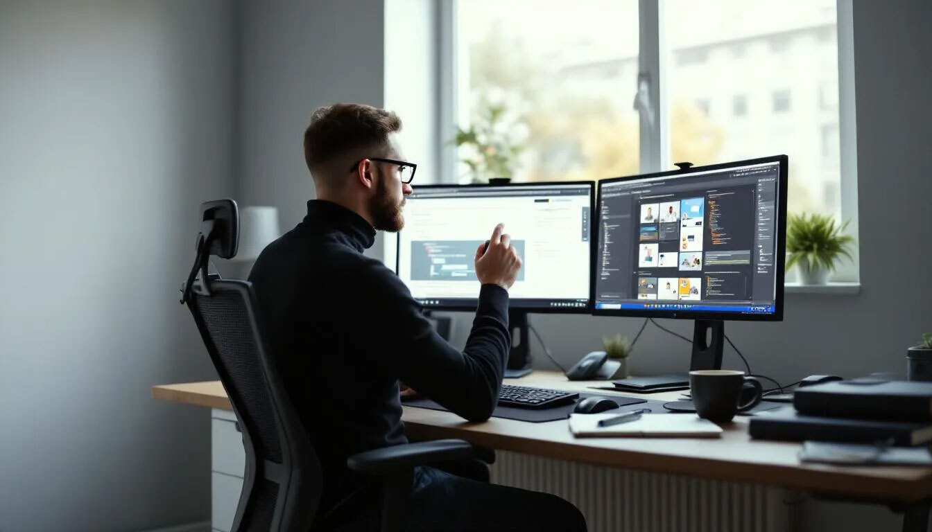 (An IT professional is seated at a desk in a modern office, focused on optimizing a website for better search engine rankings. The scene captures the essence of digital marketing, highlighting the importance of voice search optimization and mobile-friendly web pages to enhance local business visibility.)