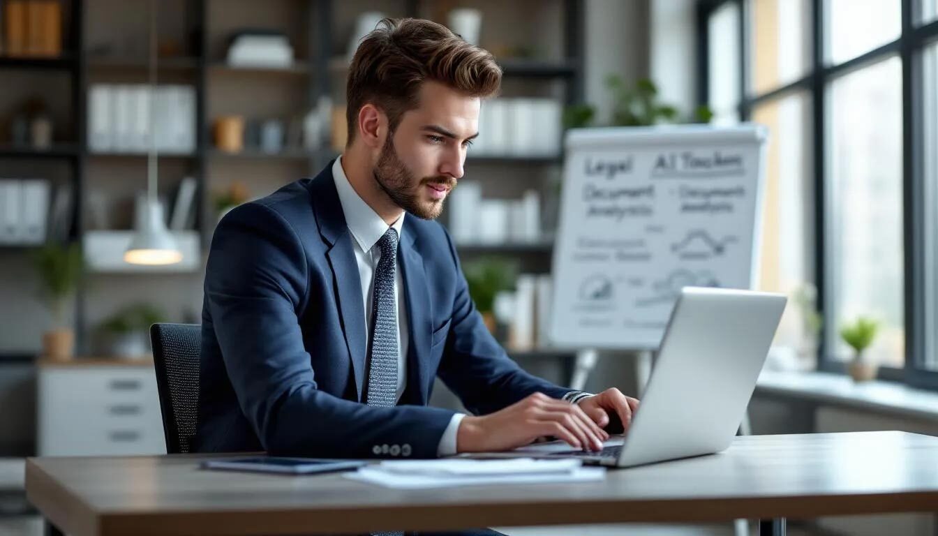Top Legal AI Tools in 2025 The image depicts a lawyer engaged in legal research using an AI tool, highlighting the integration of artificial intelligence in the legal industry.