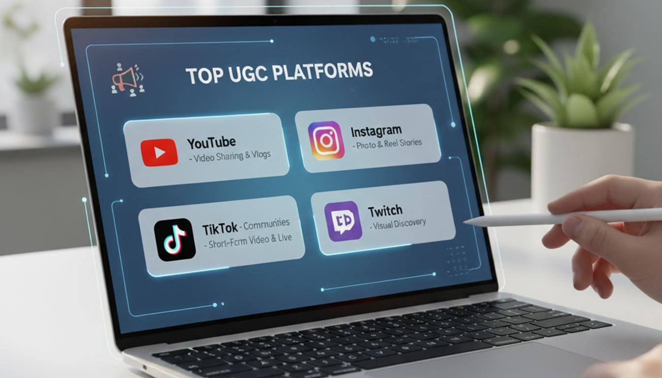 A close-up shot shows a person's hands holding a stylus and interacting with a laptop screen displaying "TOP UGC PLATFORMS" in an aesthetic, modern interface. The screen prominently features four platform cards: "YouTube - Video Sharing & Vlogs," "Instagram - Photo & Reel Stories," "TikTok - Communities - Short-Form Video & Live," and "Twitch - Visual Discovery.