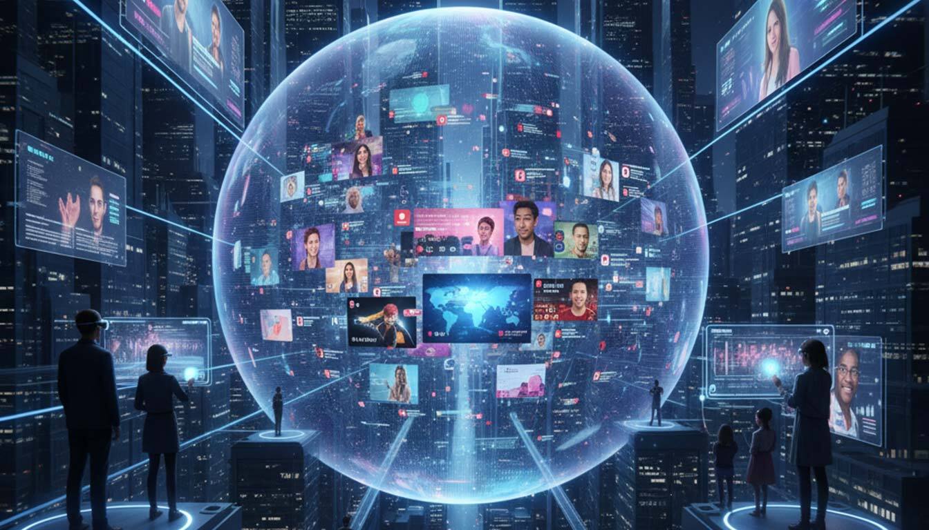 A futuristic cityscape at night forms the backdrop for an expansive, glowing holographic sphere filled with diverse user-generated content, representing the "Future of UGC Platforms." Surrounding the sphere, individuals stand on elevated platforms, interacting with various holographic screens displaying social media feeds and profiles.