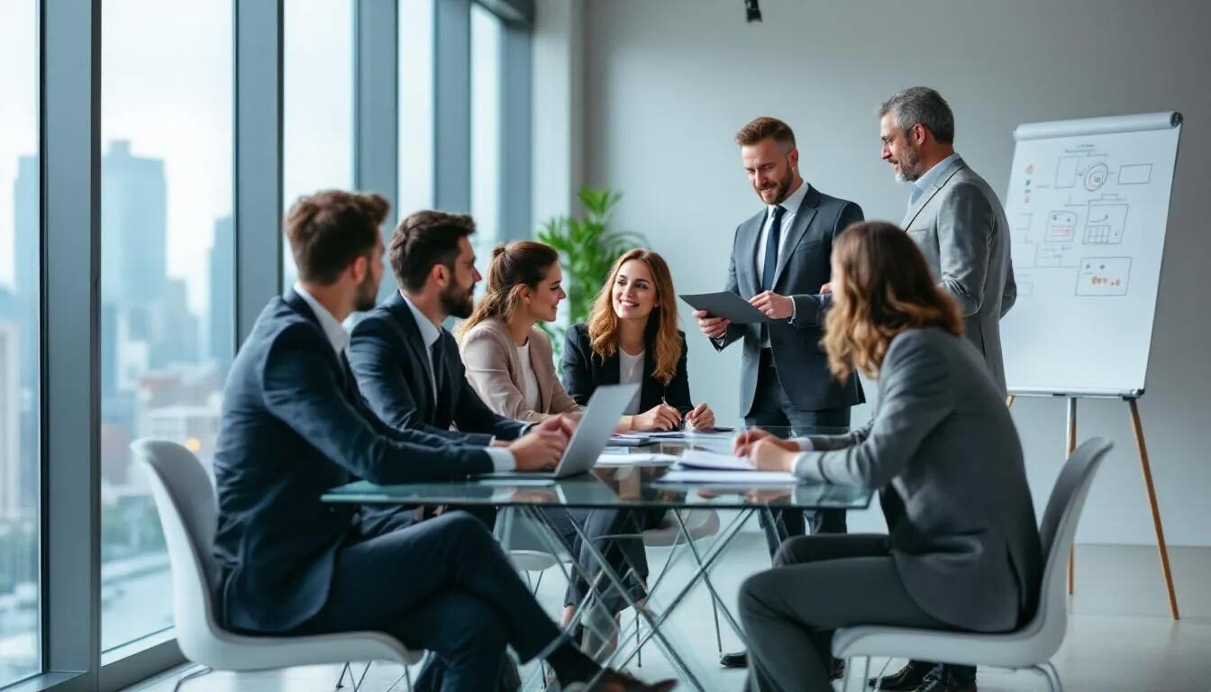 A diverse team is gathered in a modern office meeting room, discussing the delivery of a progressive web app (PWA) project to their client. They are reviewing key features such as offline support, service workers, and the web app manifest to ensure a smooth user experience across mobile devices and desktop users.