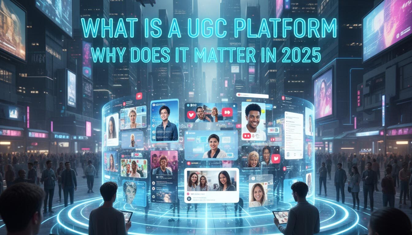 A futuristic cityscape at night features towering skyscrapers adorned with digital screens and flying vehicles, with a bustling crowd of people below. In the center, a large, glowing cylindrical display showcases a collage of diverse social media profiles, posts, and interactive content, representing “What Is a UGC Platform and Why Does It Matter in 2025. A futuristic cityscape at night features towering skyscrapers adorned with digital screens and flying vehicles, with a bustling crowd of people below. In the center, a large, glowing cylindrical display showcases a collage of diverse social media profiles, posts, and interactive content, representing "What Is a UGC Platform and Why Does It Matter in 2025.