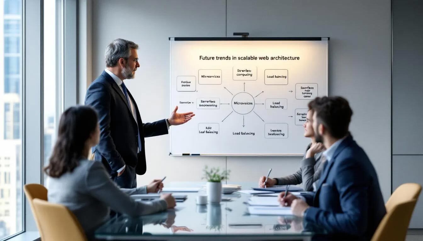 A team leader is presenting to a group in a meeting room, discussing "Future Trends in Scalable Web Architecture." The scene captures a collaborative atmosphere as they explore concepts like horizontal and vertical scaling, multiple servers, and the importance of scalable web applications for managing user demand and data traffic effectively.