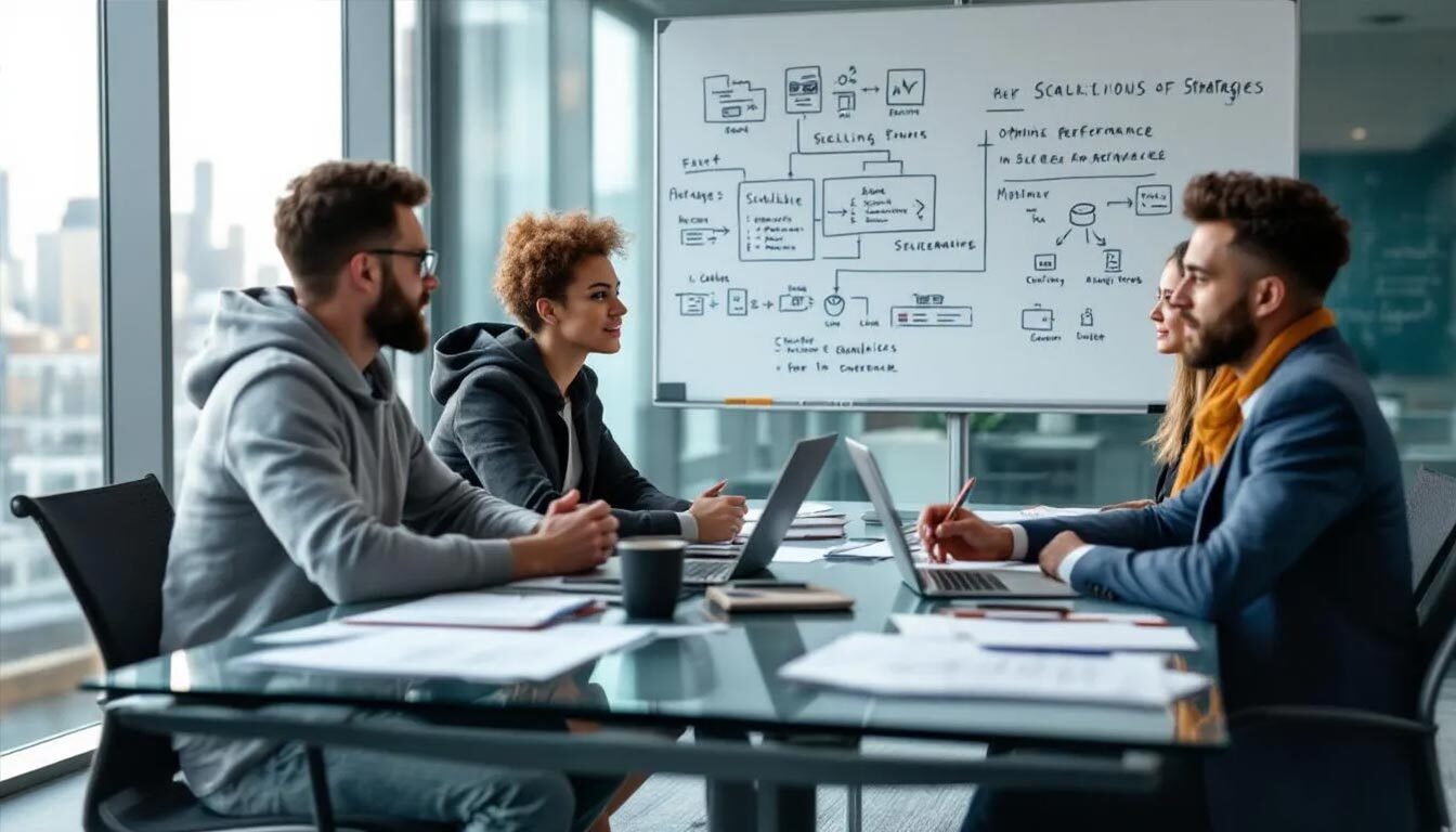 A diverse web development team is gathered around a conference table, actively discussing strategies for optimizing performance in scalable web architectures. They are focused on topics like horizontal and vertical scaling, multiple servers, and the importance of caching strategies to enhance their web applications' scalability and efficiency.