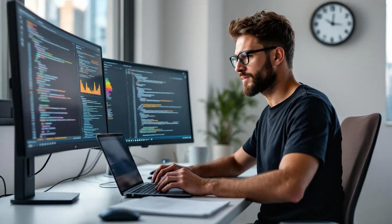 The image depicts an IT professional working diligently at their office desk, focused on optimizing performance for progressive web applications (PWAs). Surrounding them are multiple screens displaying web technologies, user interfaces, and coding elements, illustrating the process of enhancing offline functionality and user engagement for mobile devices.
