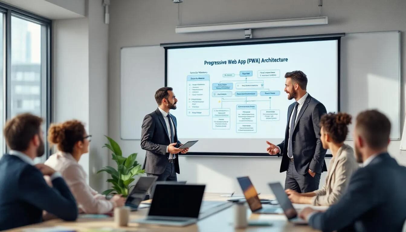 Progressive Web App (PWA) Architecture A team lead is presenting to his team in a meeting room, using a projector to display information about "Progressive Web App (PWA) Architecture." The screen shows key concepts related to web app manifest, service workers, and the benefits of progressive web applications for mobile devices, emphasizing user engagement and offline functionality.