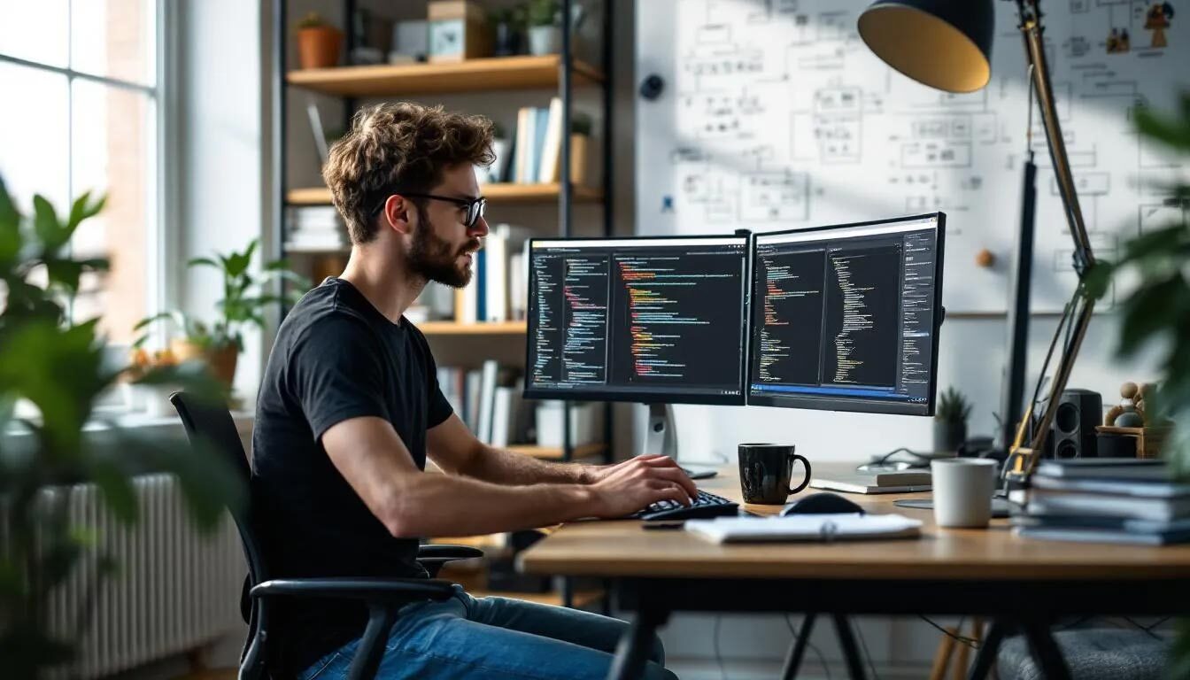 The image depicts a web developer focused on creating a scalable web architecture, showcasing multiple servers and a database server as key components. The scene illustrates the developer engaged in web app development, emphasizing the importance of building scalable web applications that can handle multiple requests efficiently.