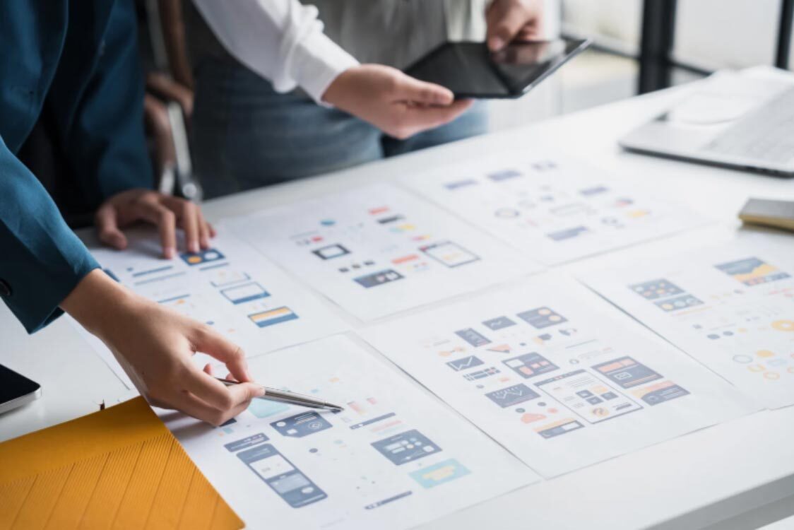 (UX designers analyzing wireframes and layouts for user interface optimisation.) user interface optimisation