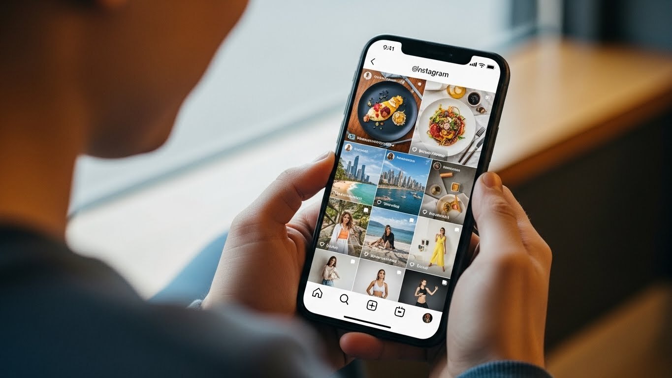 A person is seen scrolling through Instagram on their smartphone, exploring lifestyle content created by micro influencers.