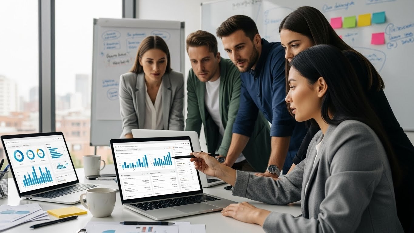  In a modern office setting, marketing professionals are reviewing campaign analytics displayed on their laptop screens, focusing on metrics of their micro influencer marketing strategies. micro-influencer strategy