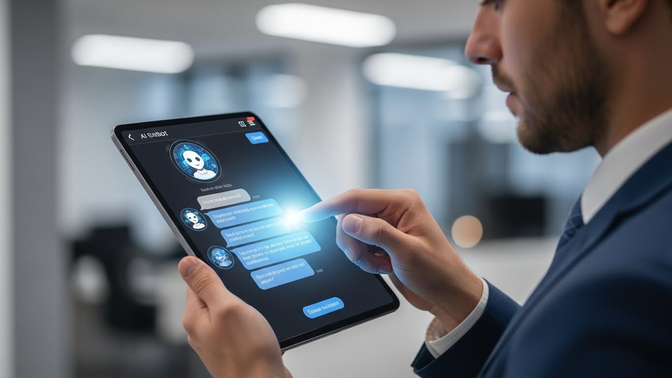 (Business professional interacting with an AI-powered chatbot on a tablet)interactive funnels