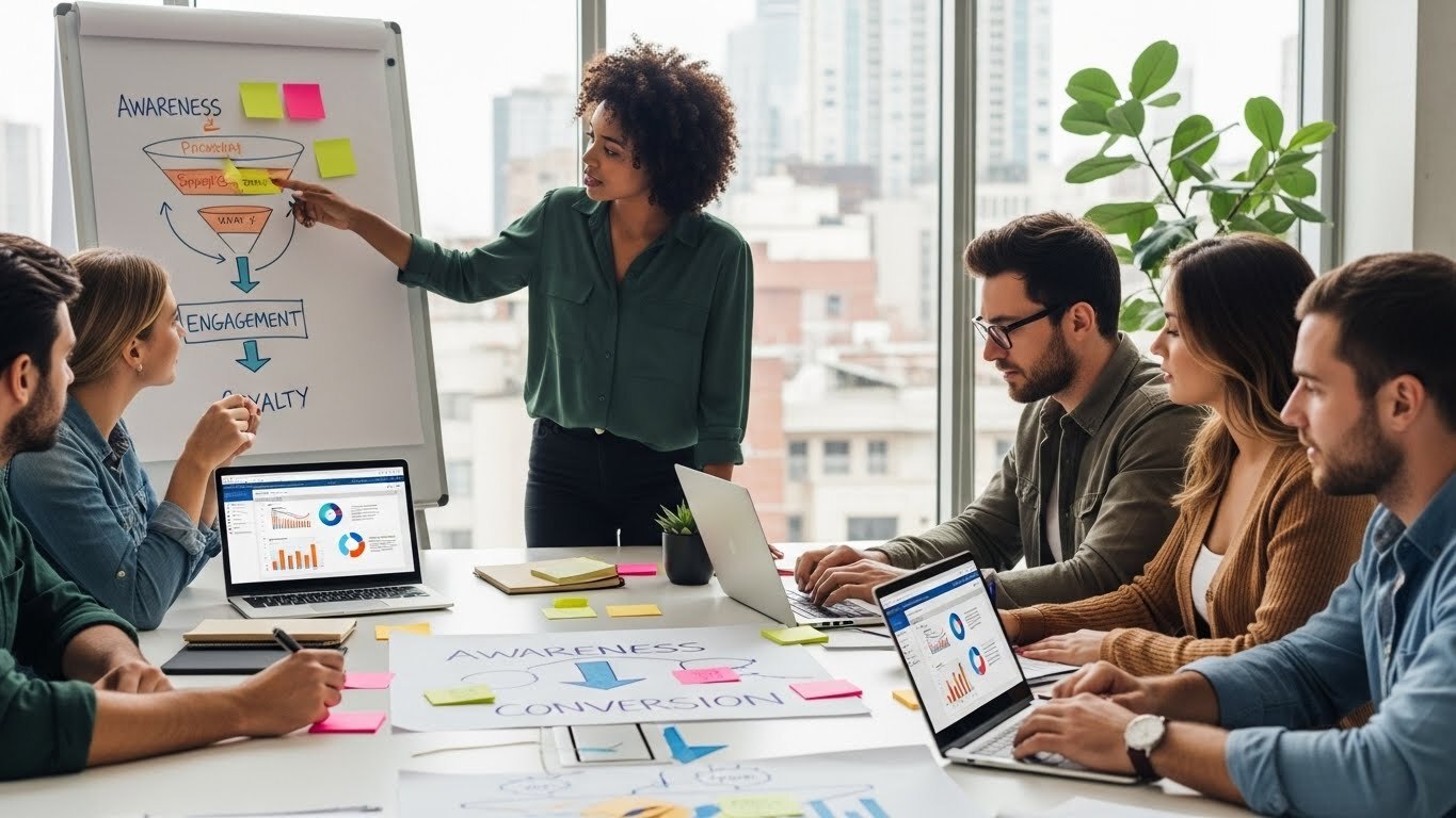 Team brainstorming with sticky notes and laptops, planning a multi-step interactive funnel for sales