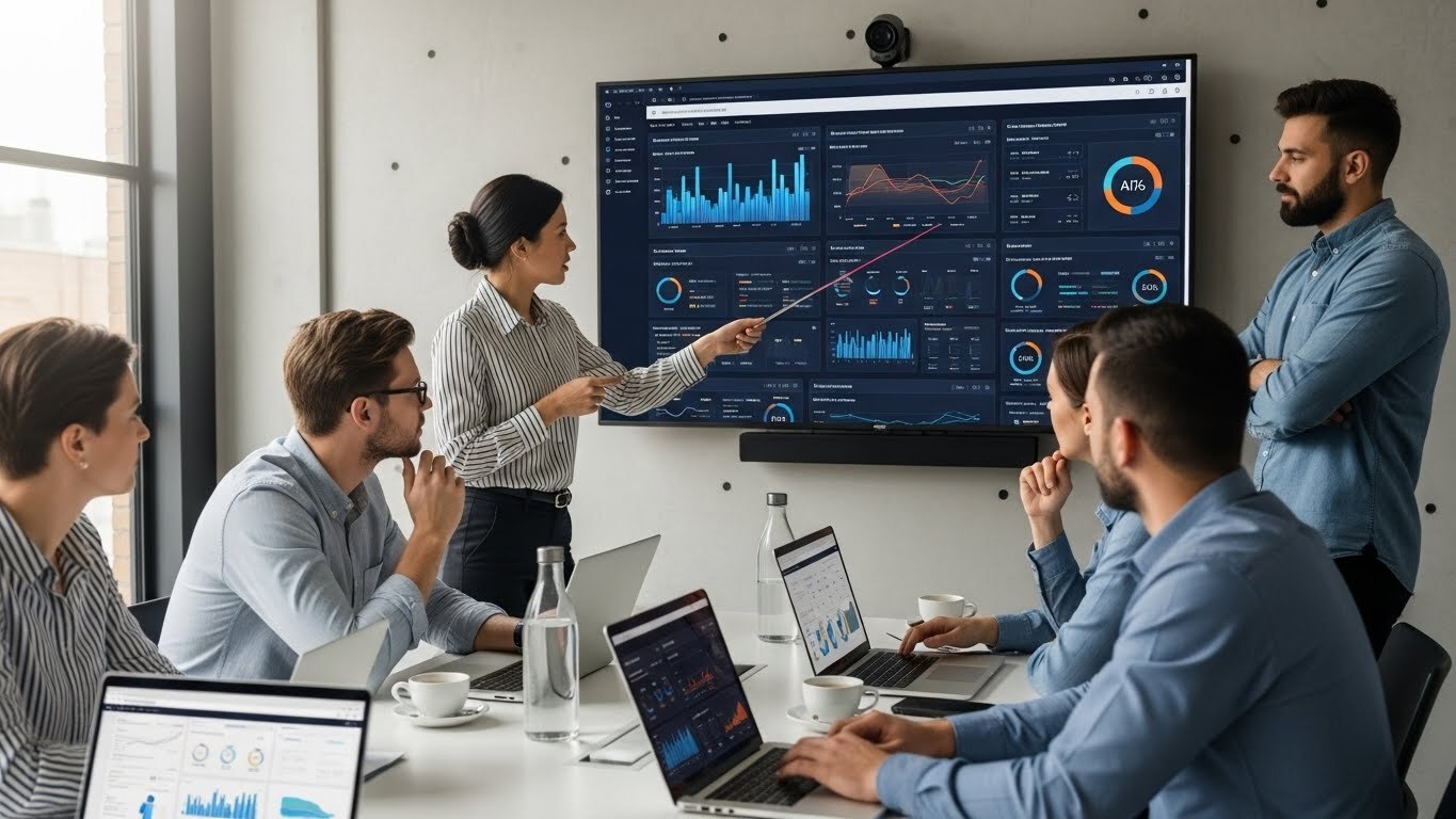  Team reviewing digital analytics dashboards and AI insights on a large screen.