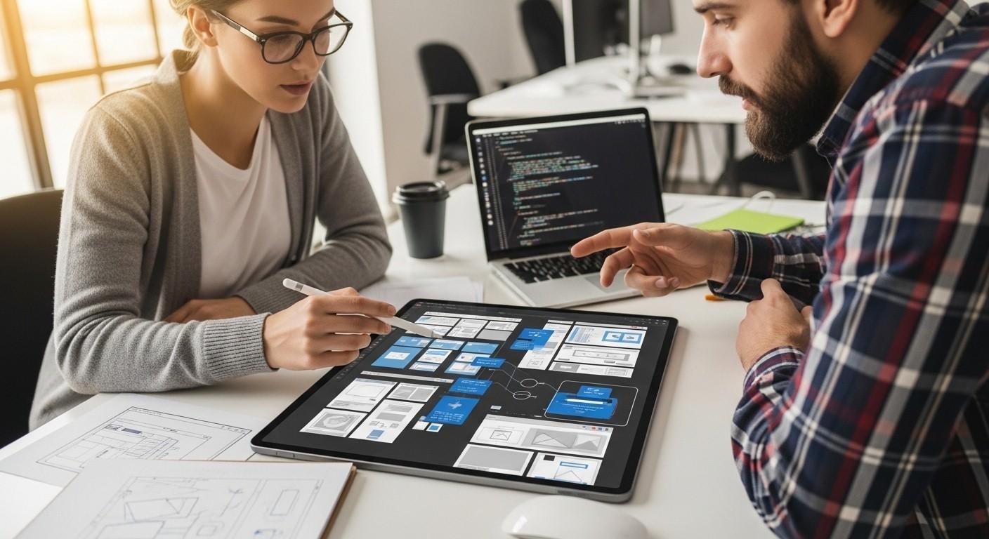 Designer and developer collaborating on wireframes and interactive UI prototypes on a digital tablet in an office environment.