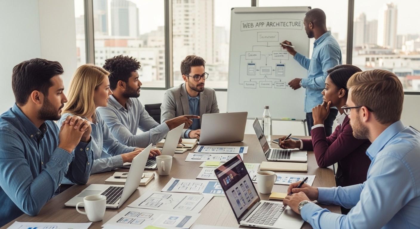 Team of professionals discussing web app development around a table with laptops and documents on a meeting table.