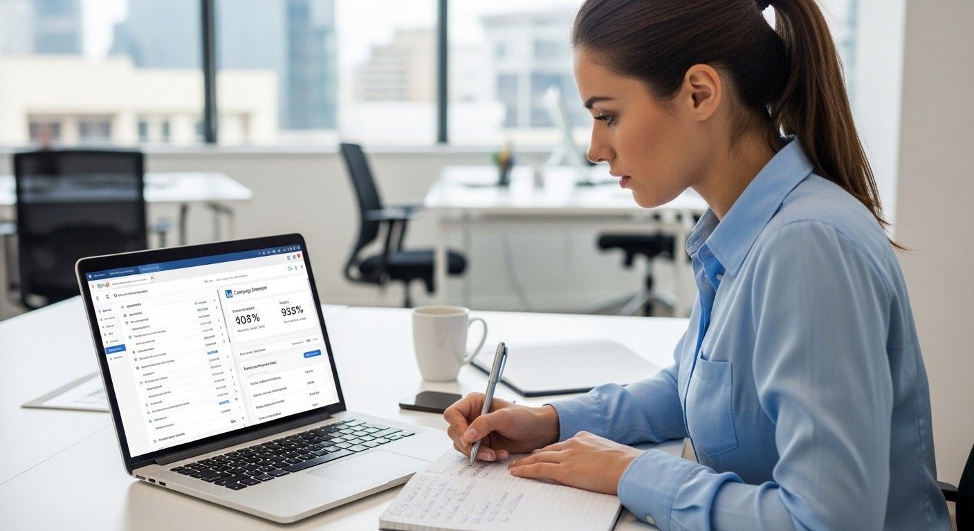 Marketing specialist setting up a paid search campaign and reviewing LinkedIn ads performance for B2B lead generation.