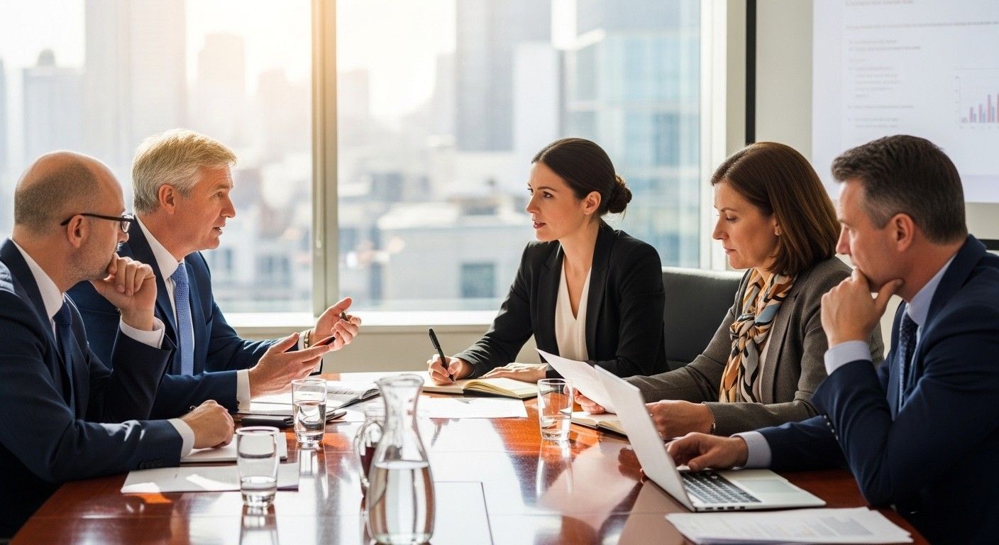 partnering with b2b digital marketing agency Senior UK business leaders in a meeting discussing partnership advantages with a B2B digital marketing agency.