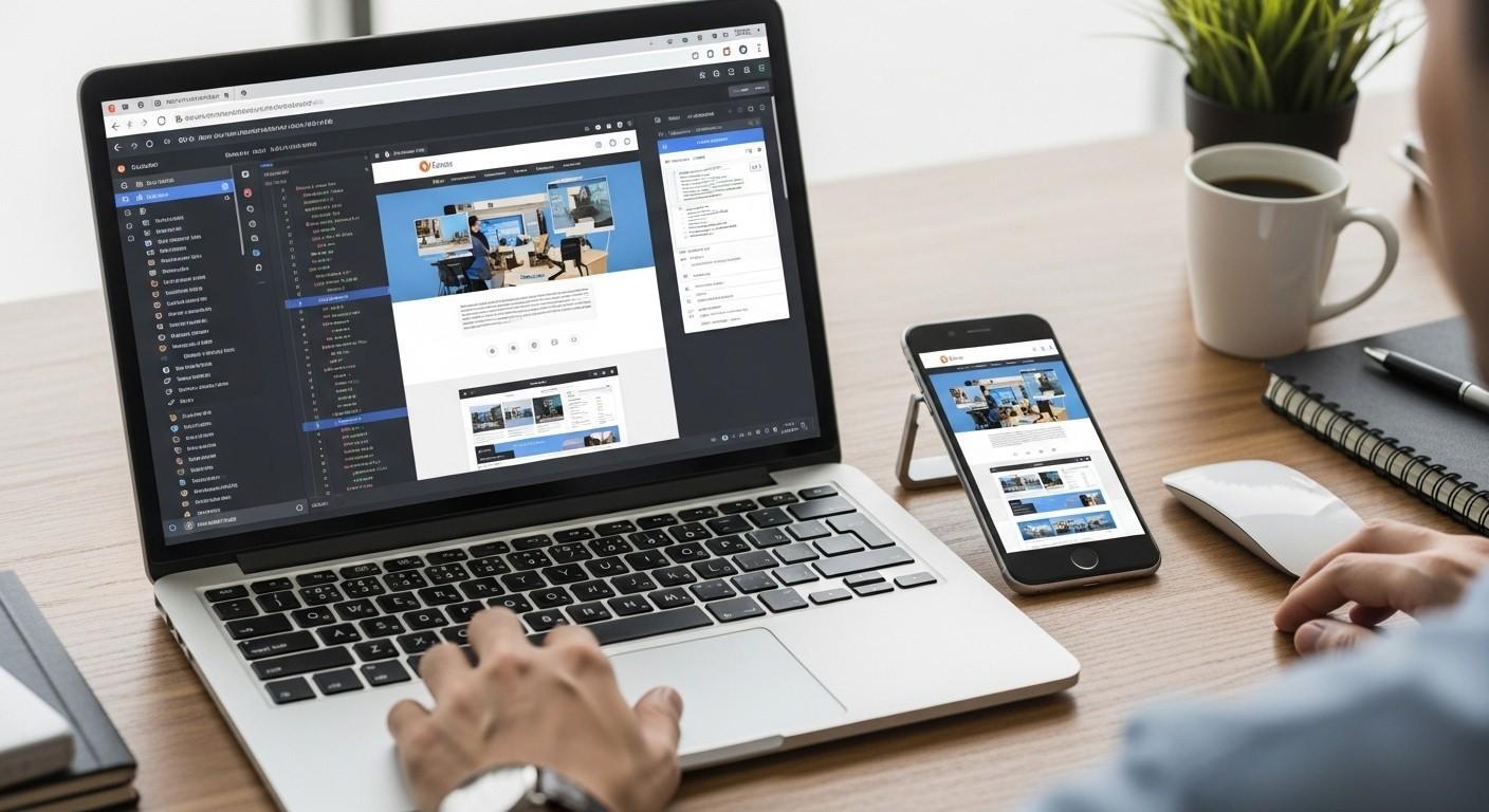 Web page shown on a laptop and smartphone lying in front of a web app developer on his work desk.