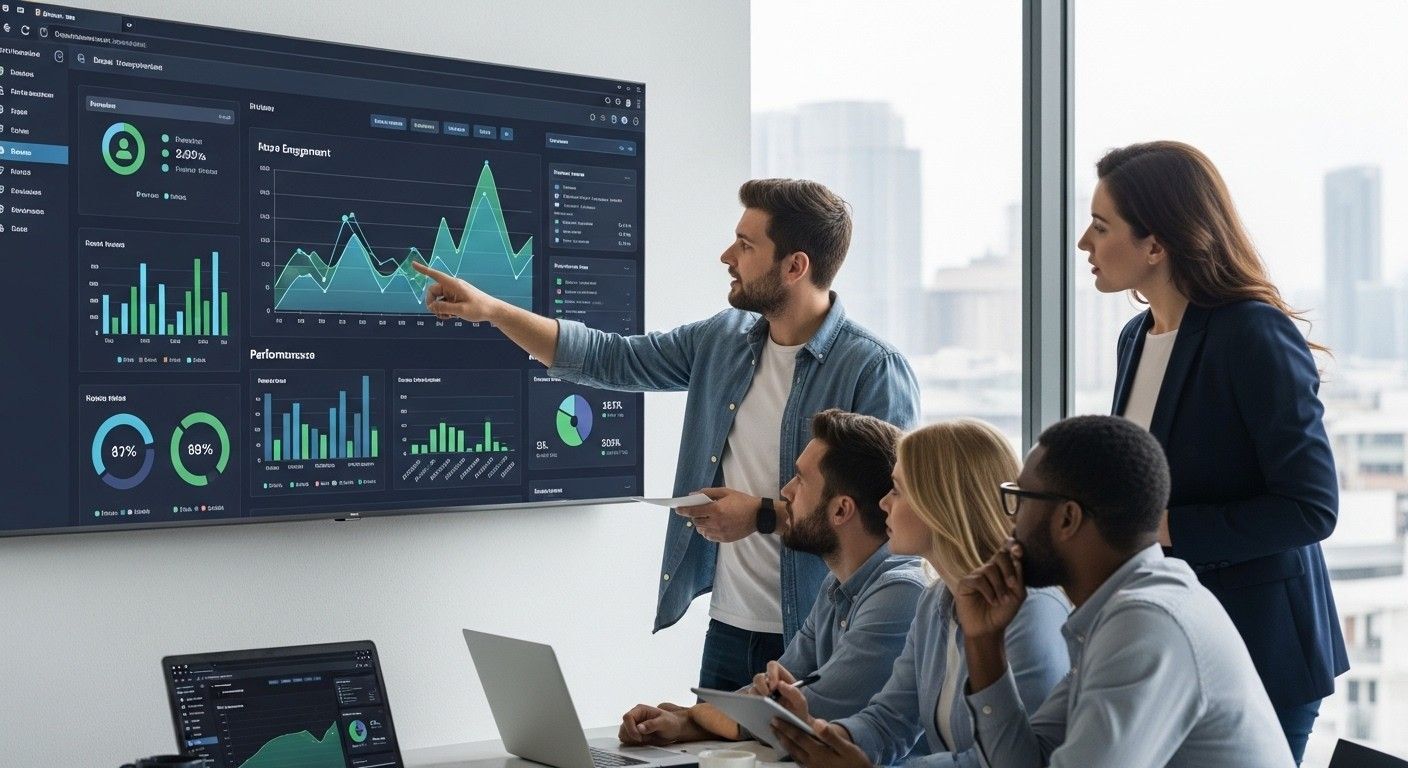 Team reviewing user engagement and performance metrics on a large screen, showing analytics in web application development.