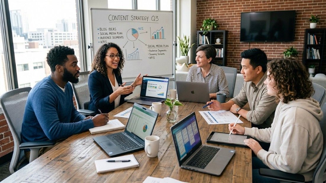 UK digital marketing team planning content strategy for SEO services, with laptops and notes on table.