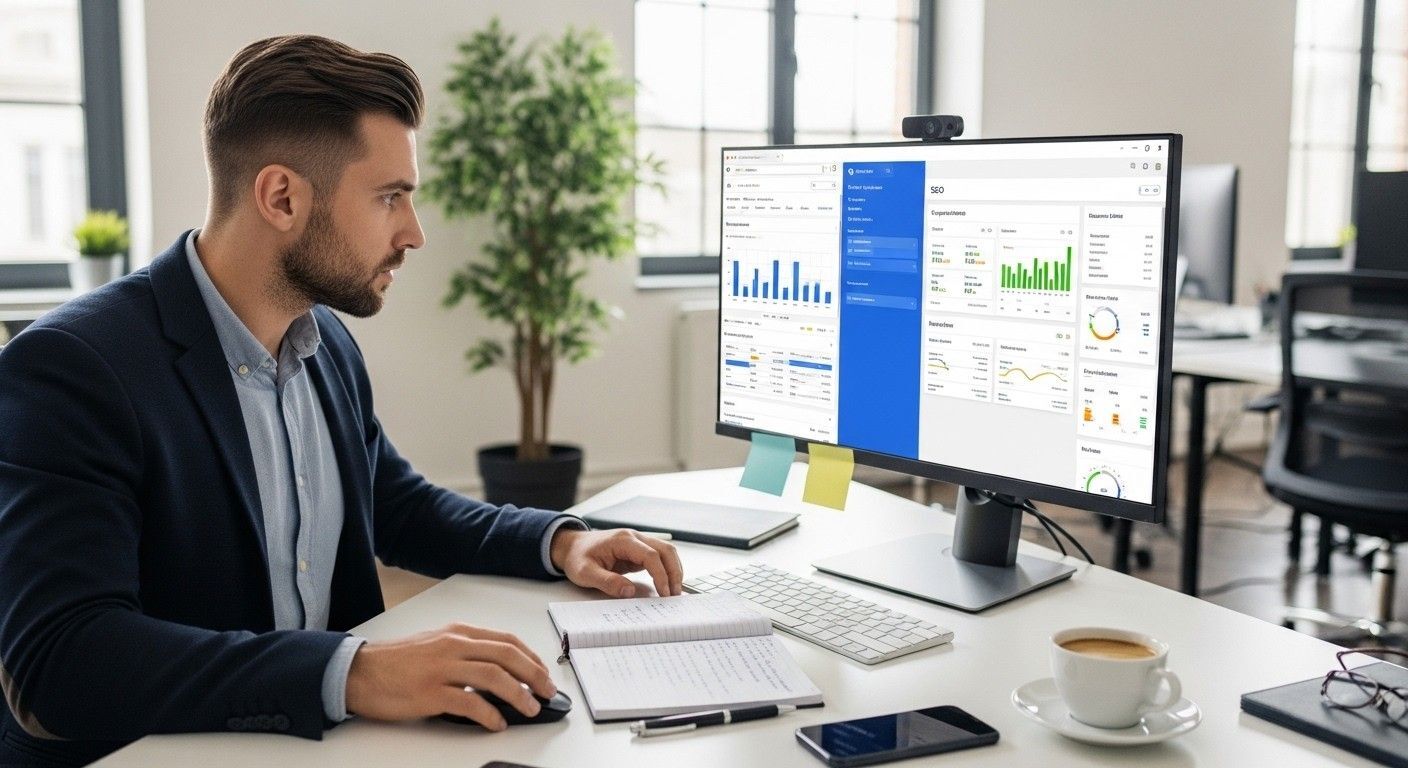 Digital marketing consultant managing Google Ads campaign and SEO dashboard on a desktop computer in a clean office environment