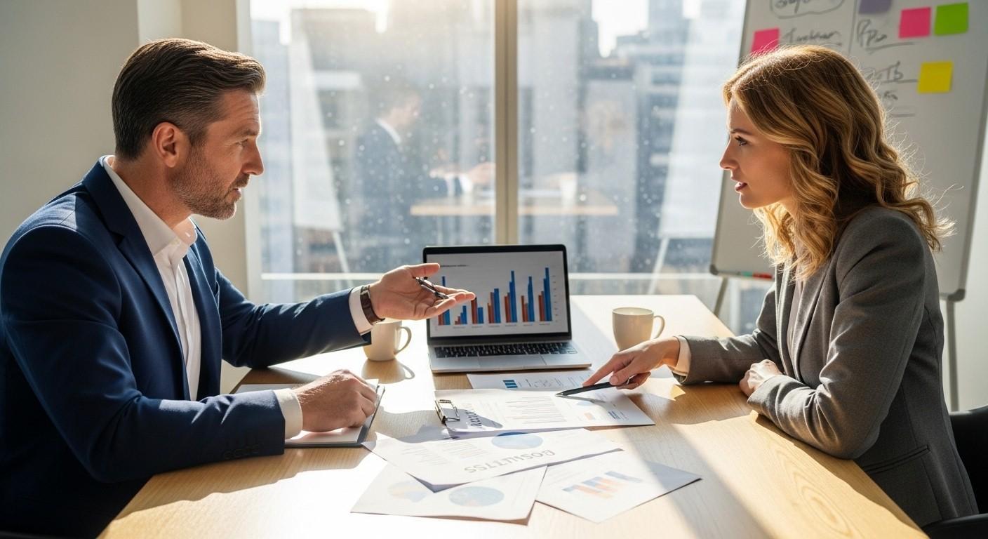 -Business owner in a modern UK office discussing marketing plans with a digital marketing consultant using a laptop and printed performance reports.