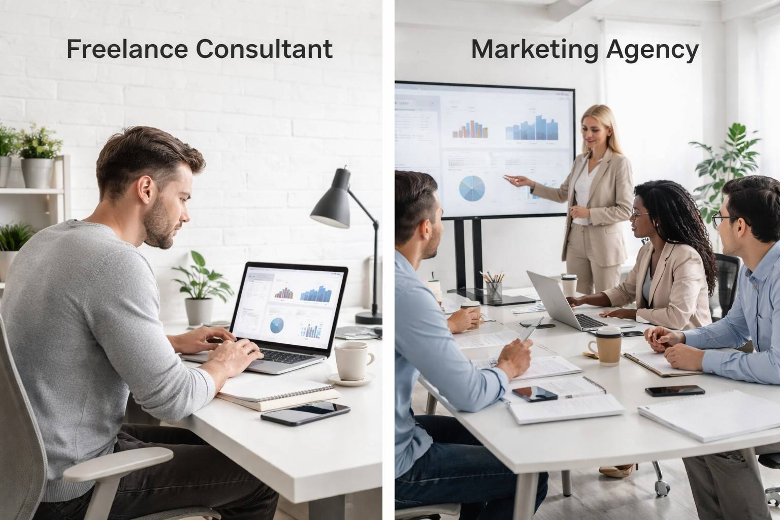 Freelance digital marketing consultant working independently at a desk compared with a marketing agency team collaborating in a meeting room