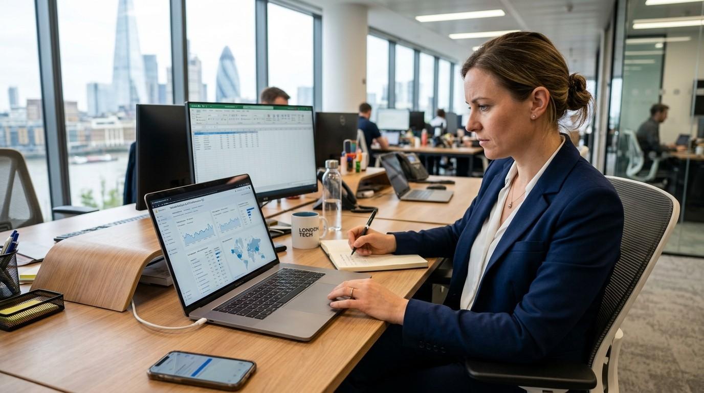 seo services UK business professional analysing website analytics and search engine performance on a laptop at a modern office desk.