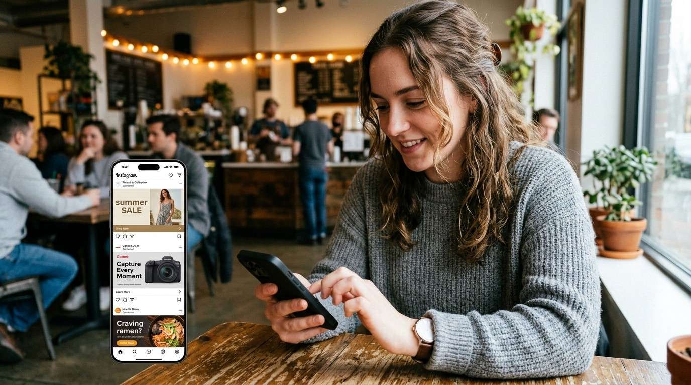 User scrolling on a smartphone with multiple digital advertisements appearing on social media feeds representing the attention stage of the AIDA marketing model.