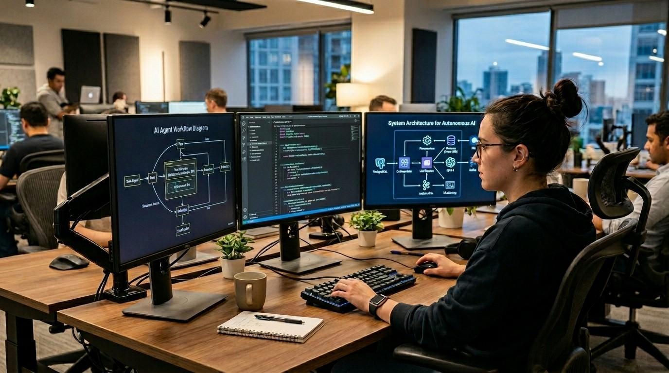 AI agent architecture Developer working in a modern office using multiple monitors displaying AI agent workflows, system architecture diagrams, and code for autonomous AI systems.